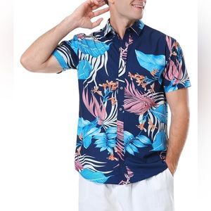 Damipow Men’s Hawaiian Shirt Tropical Aloha Beach Shirt Floral Summer Navy Leaf